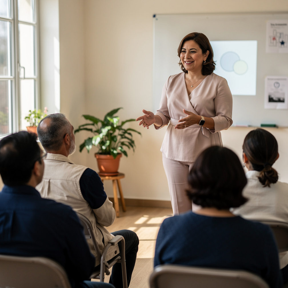 Woman presenting to a small seated audience in a bright room